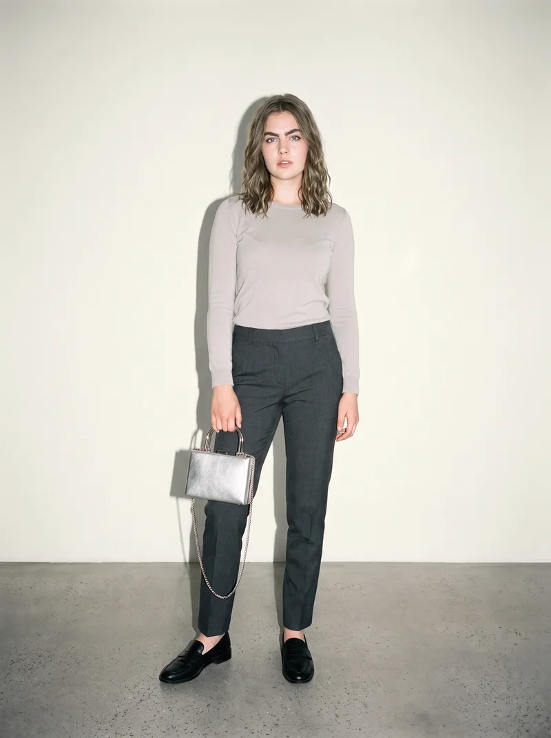 A 21-year-old Caucasian woman is shown in a full-body front view holding a silver box clutch at her side. Her expression is natural, with an alabaster studio-wall backdrop.