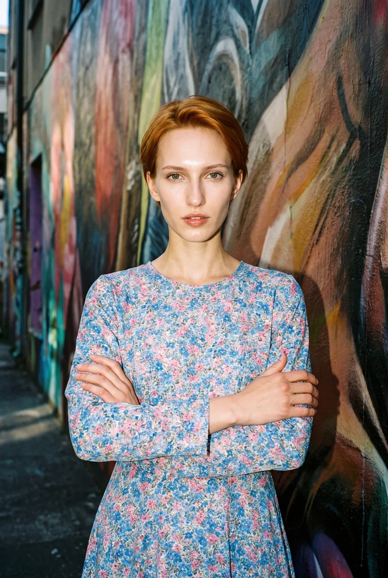 Floral Print Modest Maxi Dress, Upper body at Front, Flash Editorial lighting