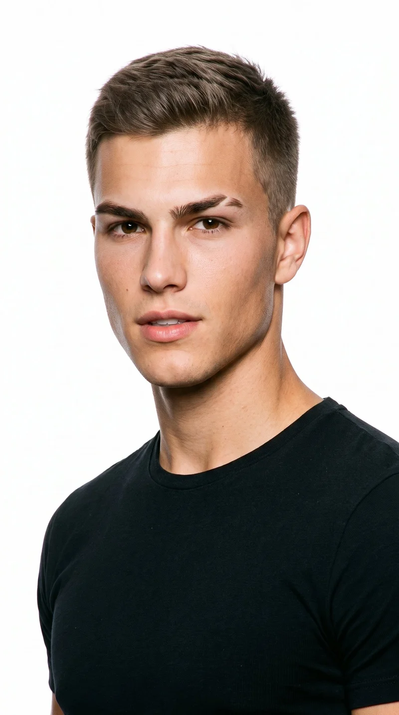 A 20-year-old Caucasian man with lightly tanned fair skin and a warm golden undertone. His face has sharp, angular features, a defined jaw, and pronounced cheekbones. He has medium-thickness eyebrows, brown eyes, and medium lips. His ash-brown hair has a cool undertone and is styled in a short, tapered crew cut, slightly longer on top than at the sides. He is clean-shaven, with smooth skin across the whole face.