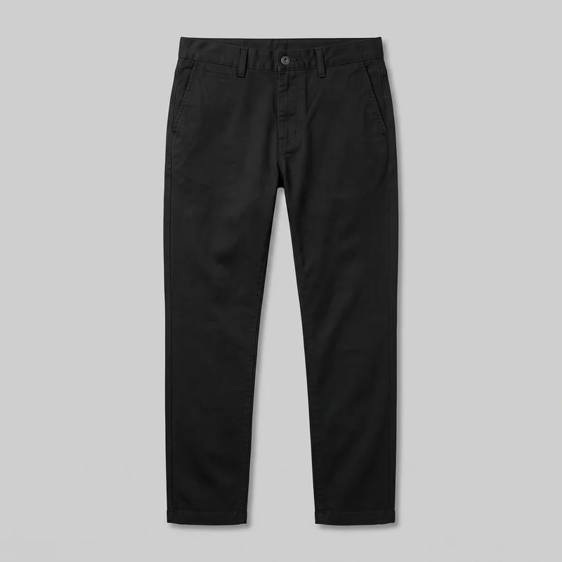 Men's black chino-style pants are shown laid flat in a standalone front view. The full-length slim-tapered design has a straight waistband with belt loops and a single button, a front fly, angled slash pockets at the hips, narrow legs, vertical topstitched side seams, and plain stitched hems. No logos, prints, patches, embroidery, or embellishments are visible.