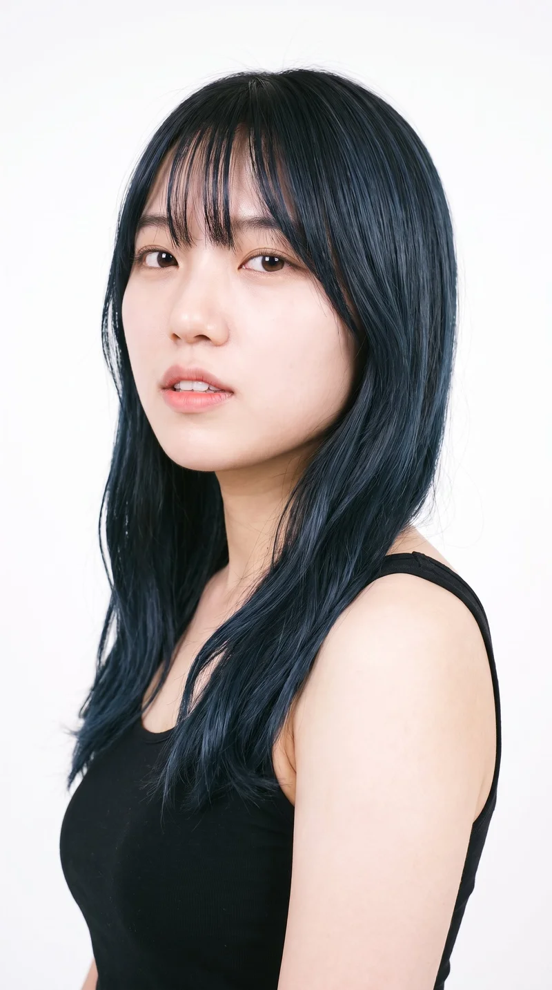 A 20-year-old Japanese woman with a cool porcelain skin tone and a round face defined by soft, full contours and few angles. She has thin eyebrows, very dark near-black eyes, and thin lips. Her deep black hair is styled with longer centre-parted curtain bangs that frame both sides of her face.