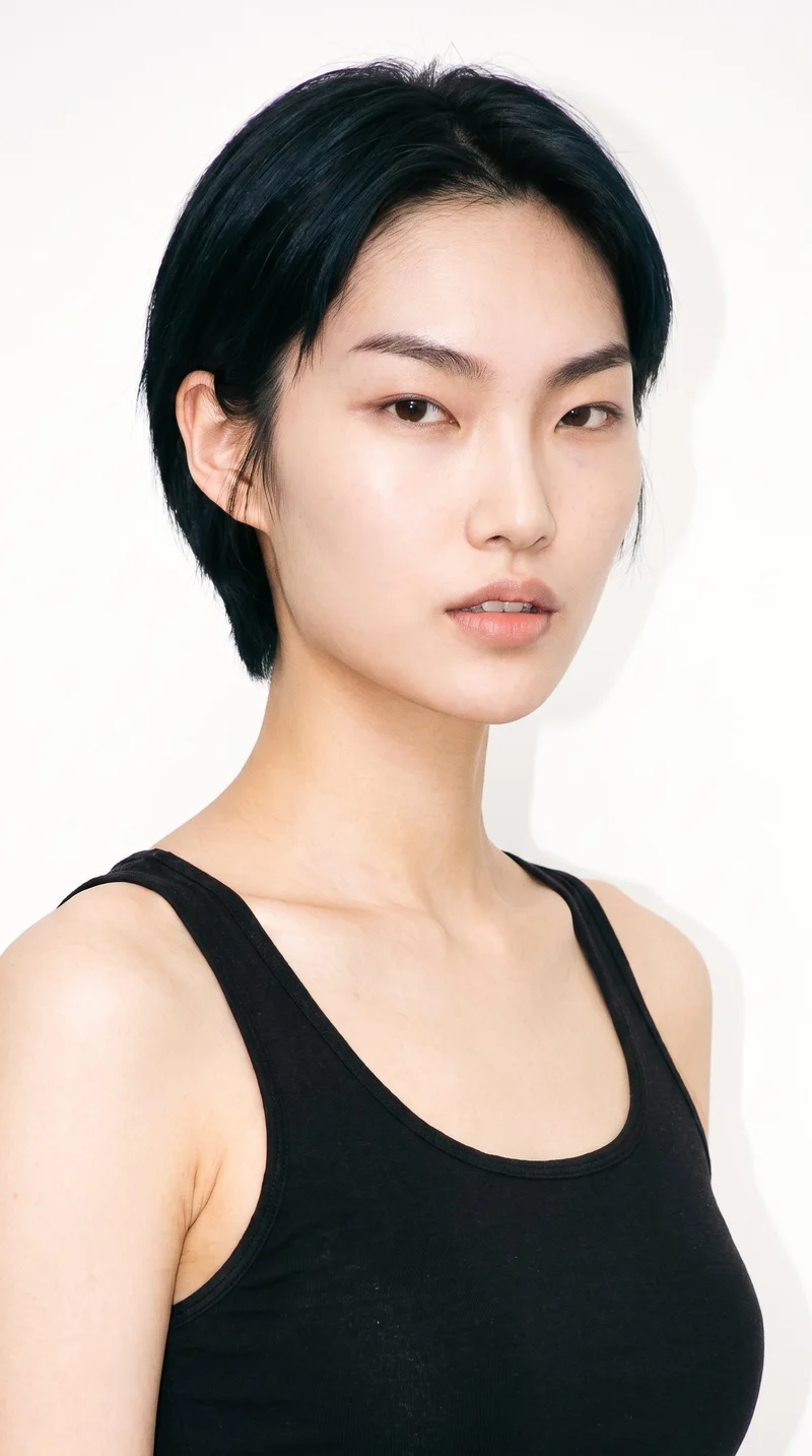 A 23-year-old Korean woman with light porcelain skin and a warm yellow undertone. Her face has sharp, defined cheekbones and jawline, with thin eyebrows, brown eyes, and medium lips. She has short, evenly cut deep black hair.