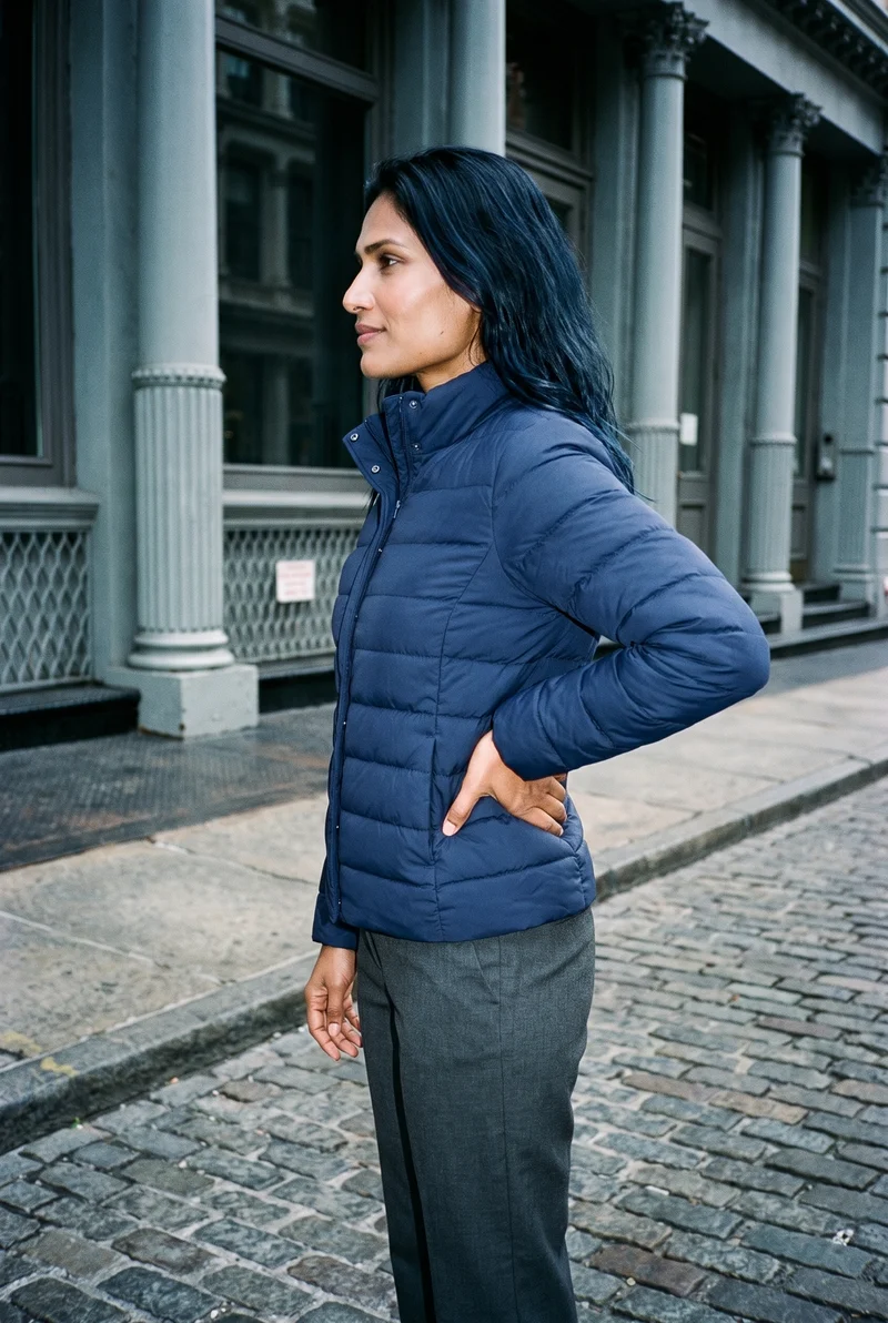 A 35-year-old Indian woman wears a navy padded jacket in a three-quarter-length side view, with one hand resting on her waist and a natural expression. A Cast Iron District cobblestone backdrop is visible behind her.