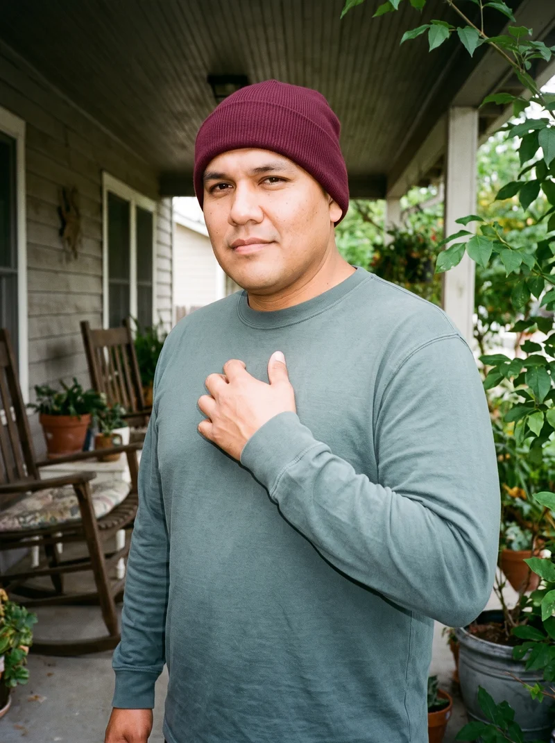 Men's Burgundy Beanie, Upper body at Three-quarter, Clean Catalog lighting