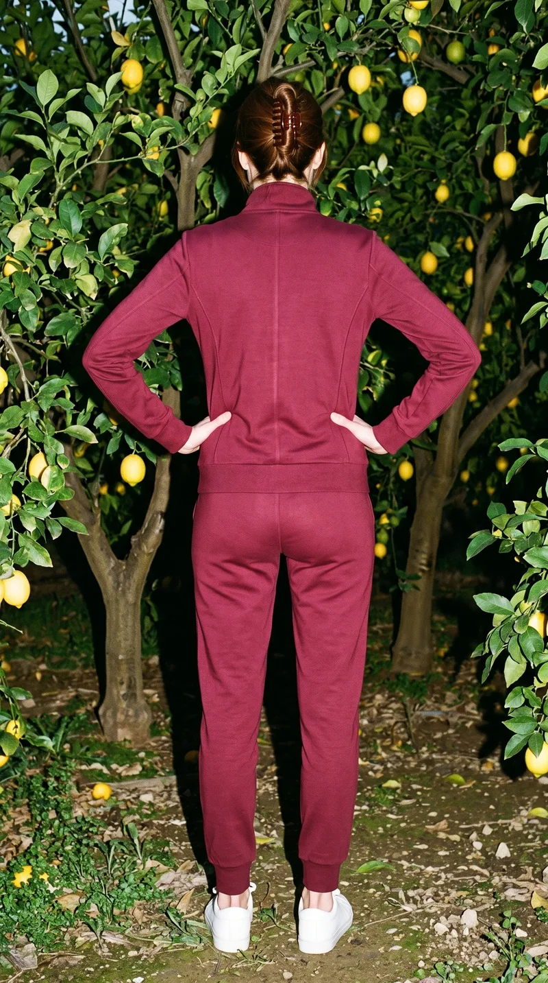 A 26-year-old Slavic woman is shown full body from the rear wearing a burgundy women's tracksuit, with her hands on her hips. A lemon orchard forms the backdrop.