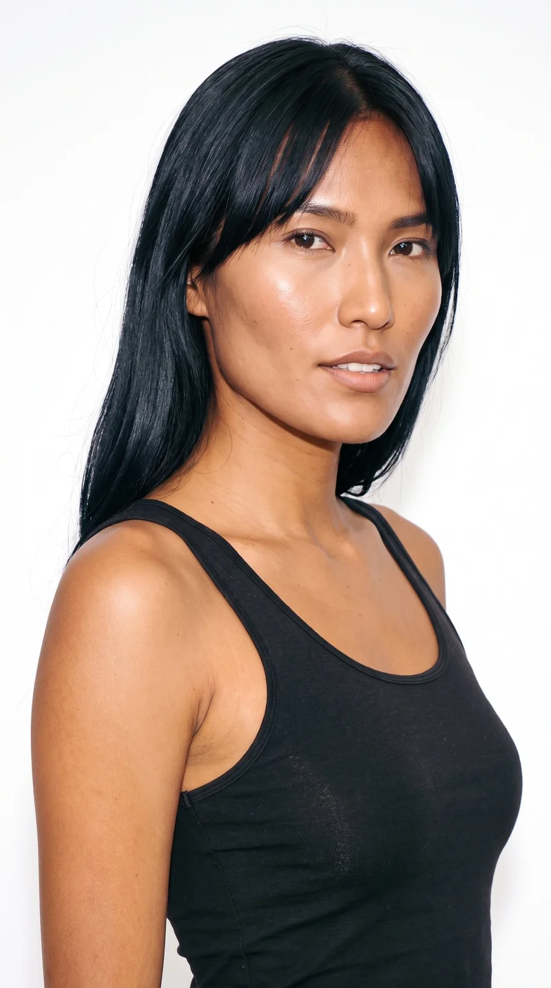 A 20-year-old Indigenous American woman with medium-brown caramel skin and a red-copper undertone. She has a square, angular face with a broad forehead and strong, defined jaw, medium-thickness eyebrows, very dark near-black eyes, and medium lips. Her deep black hair is styled with a centre part and longer curtain bangs that frame both sides of her face.