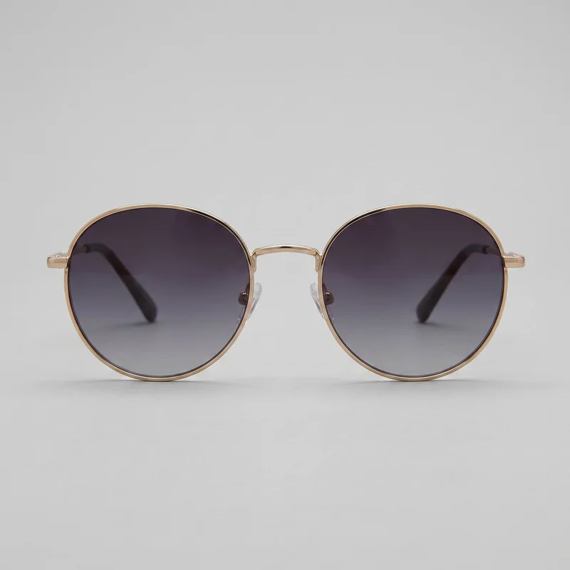 Standalone front-facing view of round wire-frame sunglasses with thin full circular rims and gradient tinted lenses that are darker at the top and lighter toward the bottom. The sunglasses have a raised arched bridge, visible clear adjustable nose pads on small arms, hinge blocks at the outer edges, and slim temples receding behind the lenses.