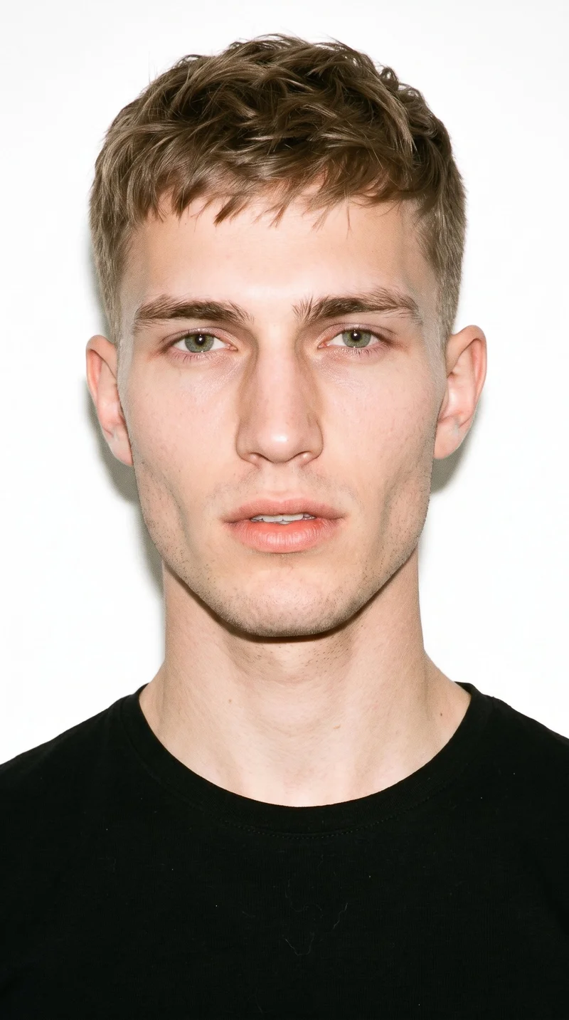 This 19-year-old Caucasian man has fair skin with a peach undertone. His face is gaunt, with lean features, hollowed cheeks, and sharply sculpted bone structure. He has medium-thickness eyebrows, green eyes, and medium lips. His light-brown hair is styled in a short textured crop with layered texture on top and closely cut sides. He is clean-shaven, with smooth skin across the whole face.