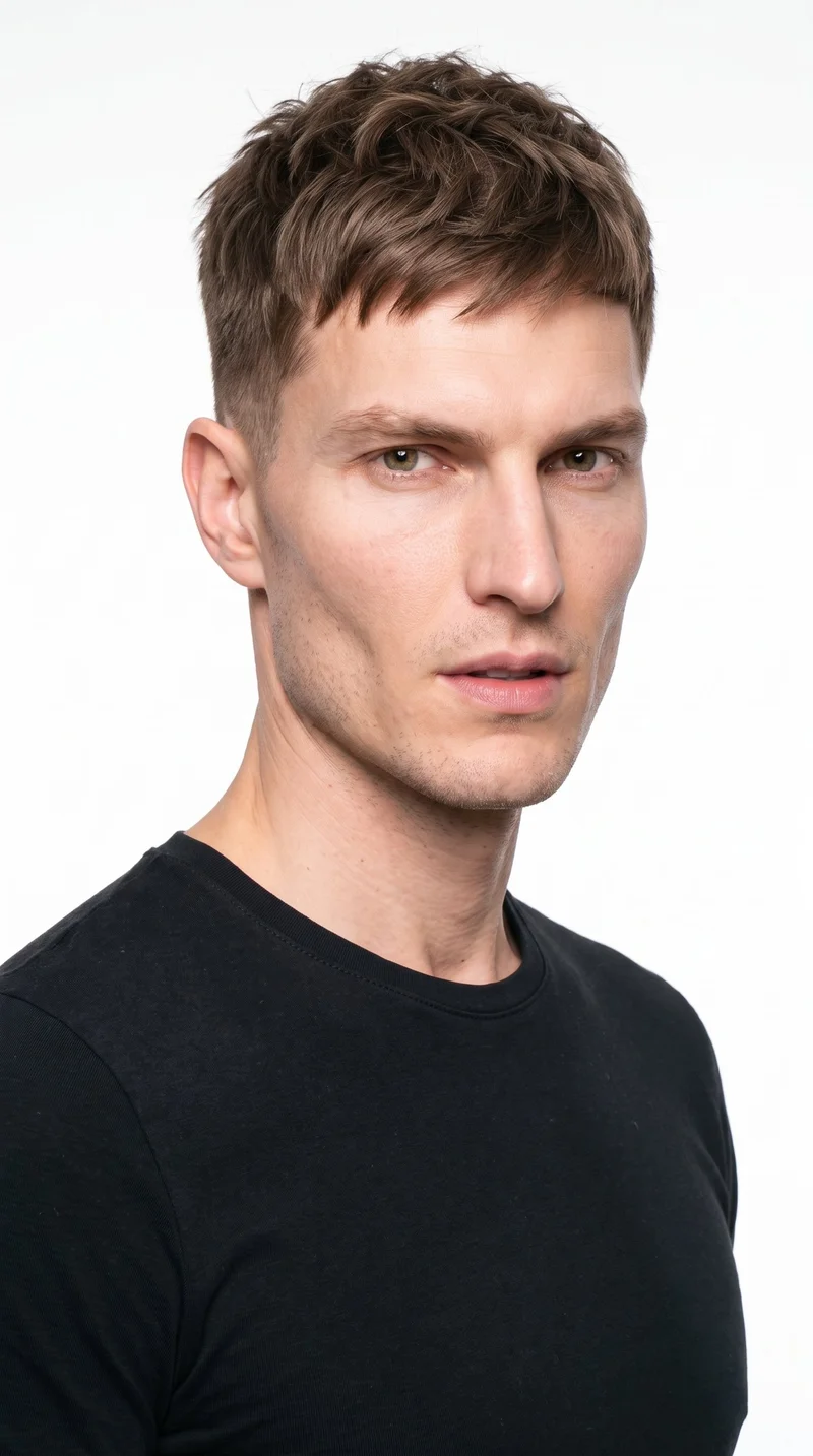A 40-year-old Caucasian man with fair skin and a cool undertone has a chiseled, angular face, a defined jaw, and pronounced cheekbones. His medium-thickness eyebrows frame hazel eyes with green-gold flecks, and he has full lips. His brown hair is styled in a short textured crop with layered texture on top and closely cut sides. He is clean-shaven, with smooth skin across his face.