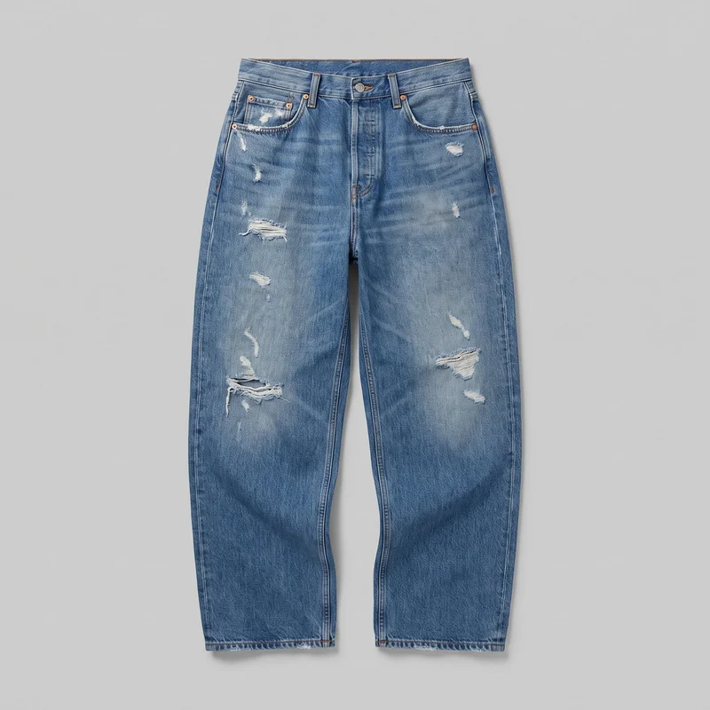 Men's distressed boyfriend-fit jeans shown in a full front flat-lay view. The jeans have a mid-rise waistband, belt loops, a buttoned fly, five-pocket styling with curved front pockets and a coin pocket, metal rivets, and broad finished hems. Their relaxed legs taper gently from the knees, with irregular frayed rips, abrasions, whiskering, and fading across both front legs.