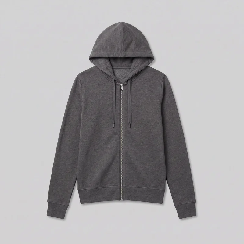 A charcoal cotton zip-up hoodie is shown laid flat in a mostly complete front view. It has a raised hood with a center seam and folded edge, two capped drawcords, a full front zipper with a visible metal pull, long set-in sleeves, ribbed cuffs, a straight ribbed hem, and subtle front panel seams. No pockets, logos, prints, patches, embroidery, or embellishments are visible.