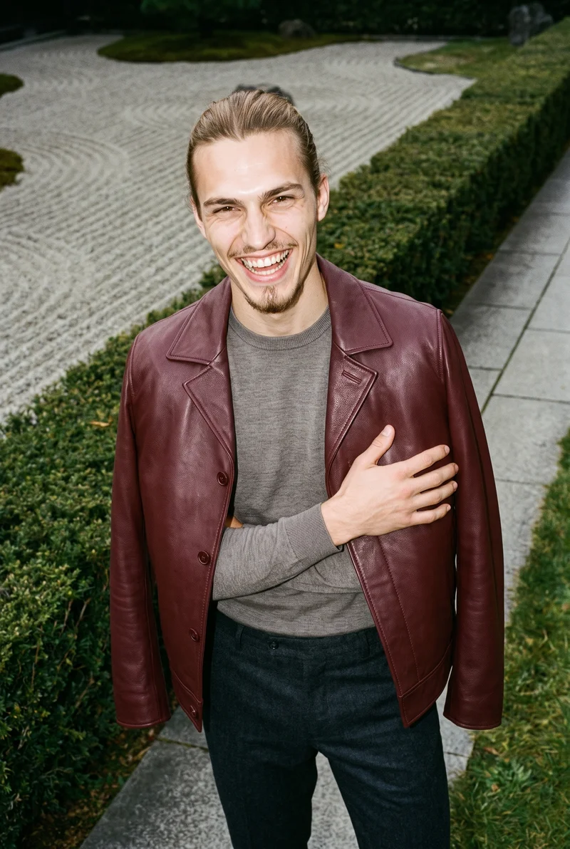 Men's Burgundy Leather Jacket, Three-quarter length at Front, Flash Editorial lighting