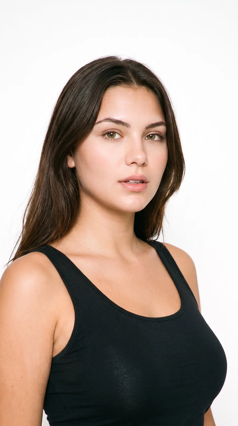 This 22-year-old Turkish woman has a light-tan complexion with a neutral undertone. Her face has soft, youthful features, full cheeks, and rounded contours. She has medium-thickness eyebrows, green eyes, and medium-sized lips. Her dark-brown hair is long, worn loose past the shoulders, and has natural volume.