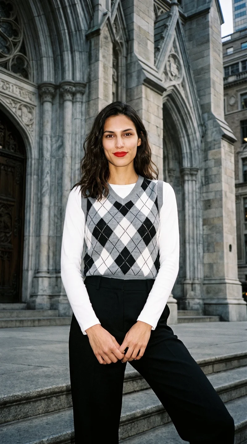 Women's Grey Argyle Sweater Vest, Three-quarter length at Front, Flash Editorial lighting