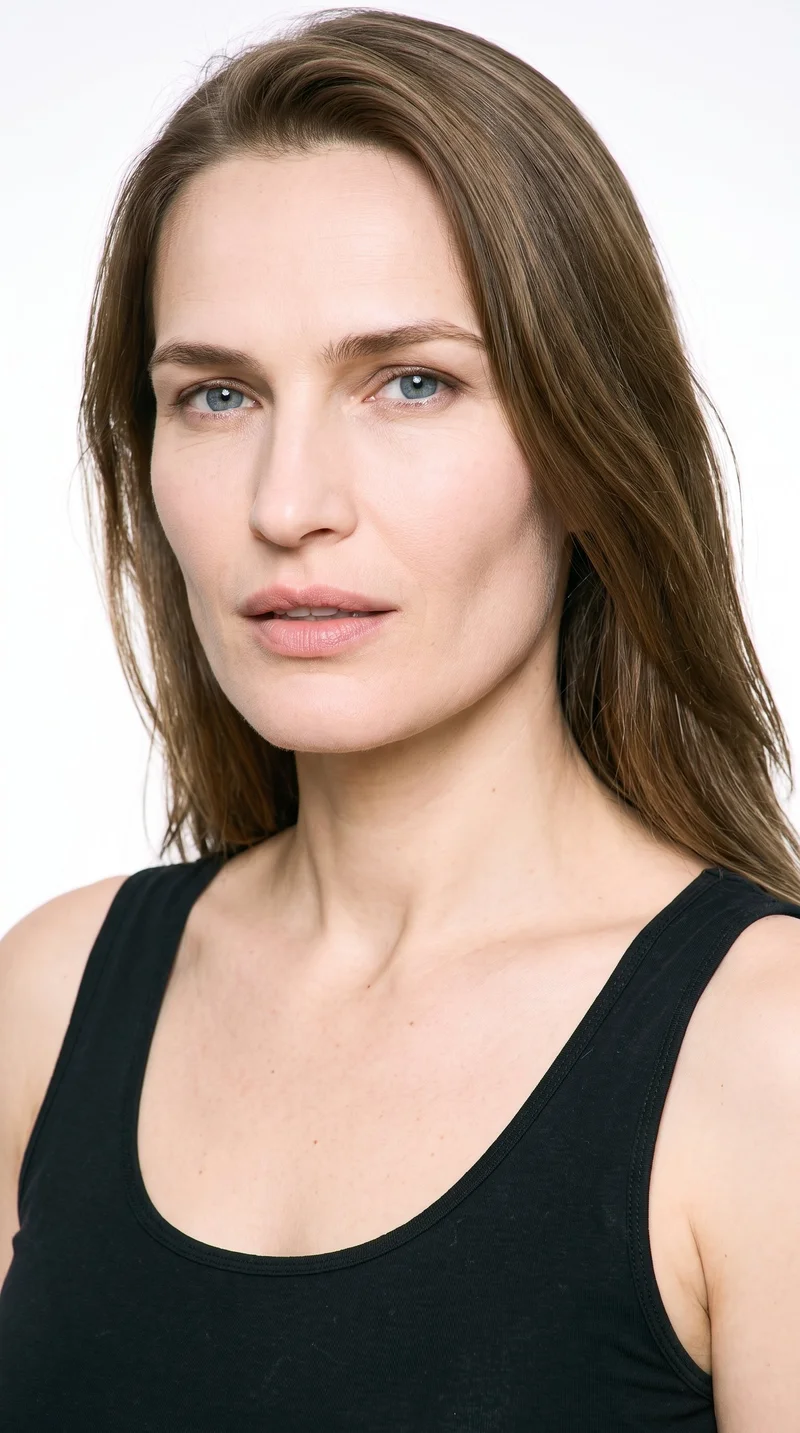 A 41-year-old Slavic woman with porcelain skin and a neutral undertone. Her square face has a broad forehead, a strong defined jaw, and an angular, structured appearance. She has thin eyebrows, full lips, and blue eyes with a cool undertone. Her neutral-brown hair is long, worn loose past the shoulders, and has natural volume.