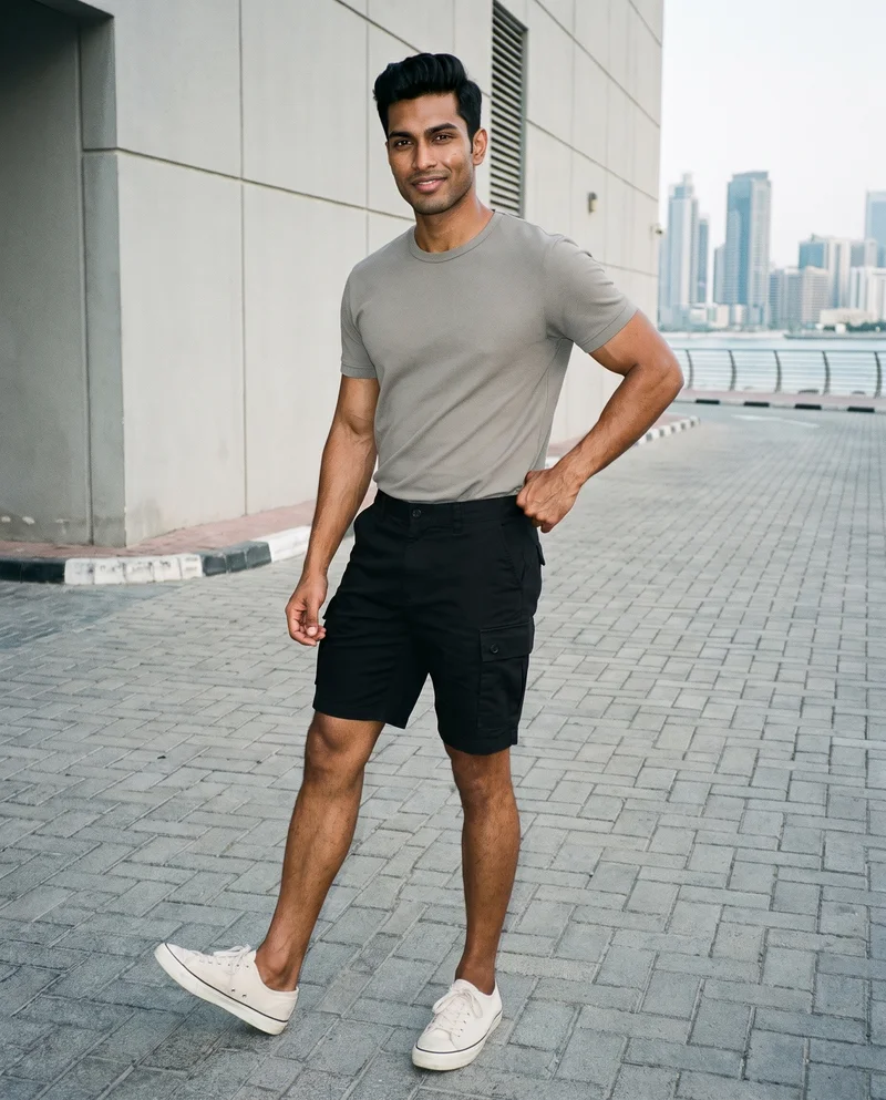 Men's Black Cargo Shorts, Full body at Three-quarter, Natural E-Commerce lighting