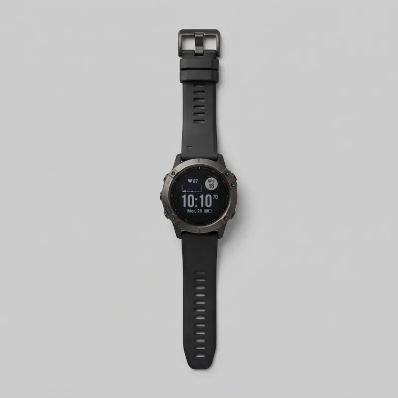 A complete men's GPS sports watch is shown laid flat, with its round digital display, rugged circular bezel, side pushers, integrated lugs, and straight adjustable strap fully visible. The strap has rectangular adjustment holes, a rectangular tang buckle, and two keeper loops; the bezel includes minute markings, functional labels, and screw-like accents.