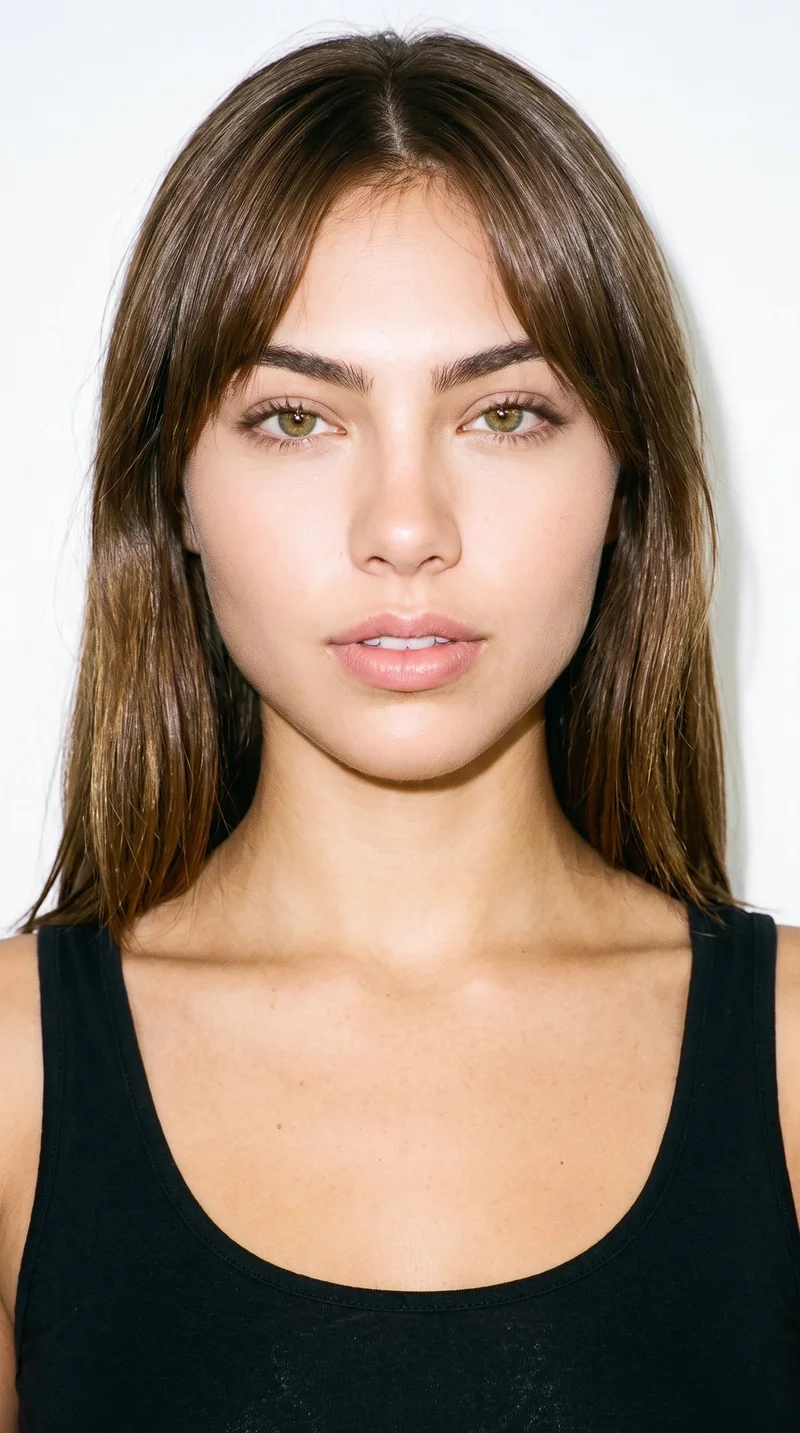 An 18-year-old Hispanic woman with warm honey-toned skin and an olive-green undertone. Her heart-shaped face has a wider forehead that narrows to a more pointed chin, with thick eyebrows, amber eyes with a golden glow, and full lips. She has neutral brown hair styled with longer curtain bangs, parted in the center and framing both sides of her face.