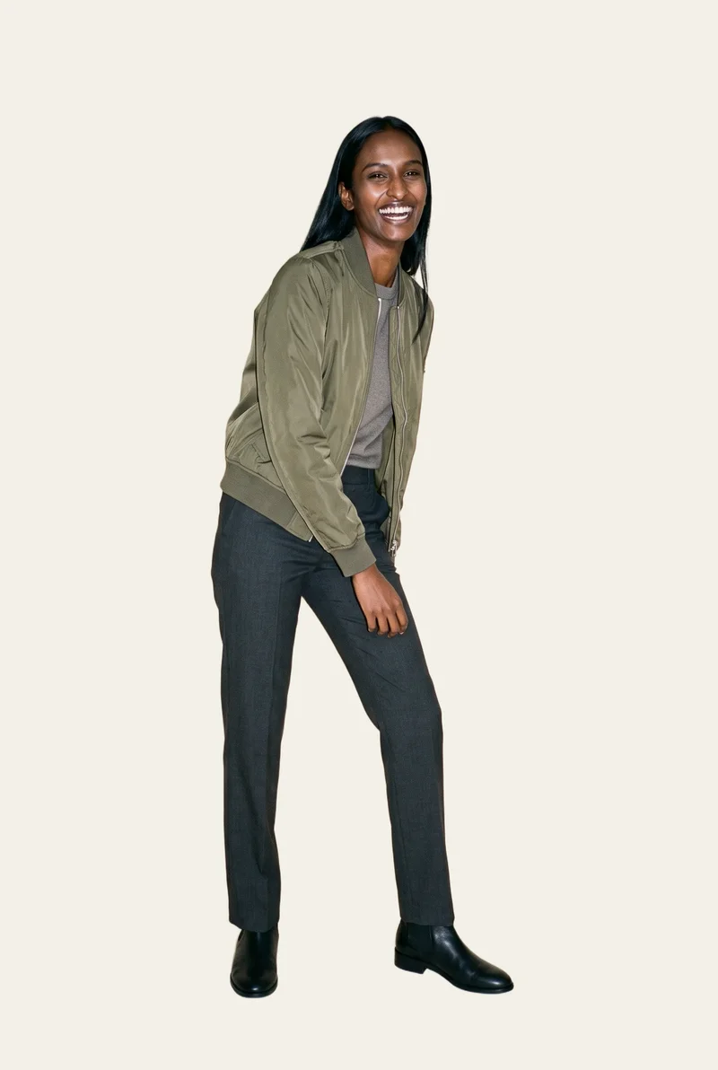 Women's Olive MA-1 Bomber Jacket, Full body at Front, Studio Cutout lighting