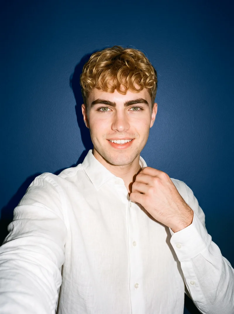 A smiling 20-year-old Caucasian man wears a white linen shirt in a front-view selfie posed over his shoulder. A Prussian blue studio-wall backdrop fills the background.
