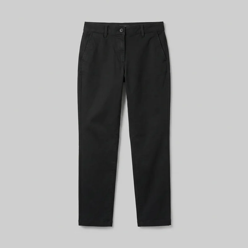 Women's black chinos shown in a complete front flat-lay view. The full-length trousers have a tailored slim-straight silhouette, mid-rise waistband with belt loops, a visible center-front button and fly placket, two slanted hip pockets, vertical side seams, and plain stitched hems.
