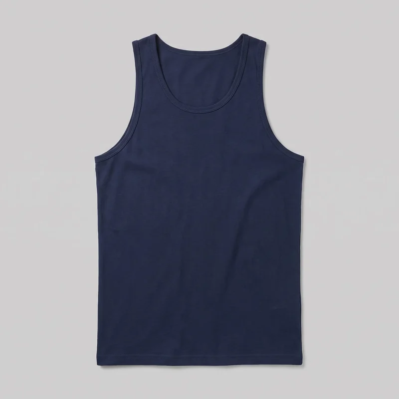 A men's navy blue sleeveless tank top is shown laid flat in a full standalone front view. It has broad shoulder straps, a rounded scoop neckline, large curved armholes, a straight full-length body, and a straight bottom hem. Narrow bound edges and visible double-row stitching finish the neckline and armholes, with additional stitching at the bottom hem. No closures, pockets, logos, prints, patches, embroidery, or embellishments are visible.