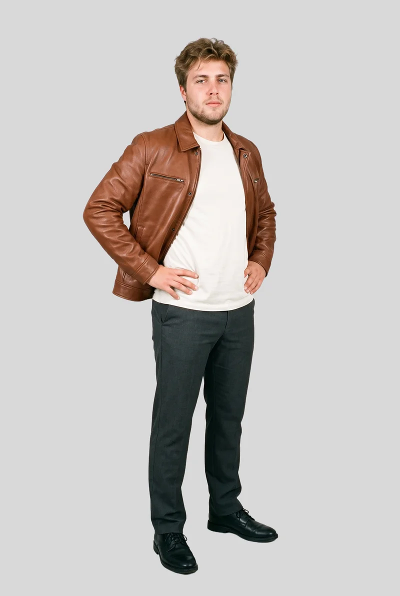 Men's Brown Leather Jacket, Full body at Three-quarter, Studio Cutout lighting