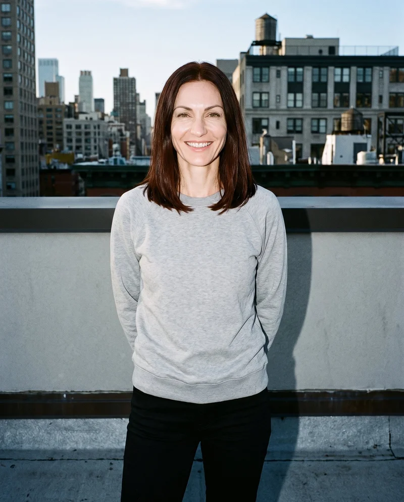A 36-year-old Caucasian woman wears a grey crewneck sweatshirt in a front-facing three-quarter-length view. She stands with her hands behind her back and a natural facial expression, with a rooftop cityscape backdrop.