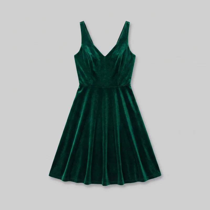 An emerald velvet women's dress is shown in a complete flat-lay front view. It has wide shoulder straps, a deep V neckline, a tailored bodice with vertical shaping seams, a defined horizontal waist seam, and a short flared skirt with soft fullness and a clean stitched hem.