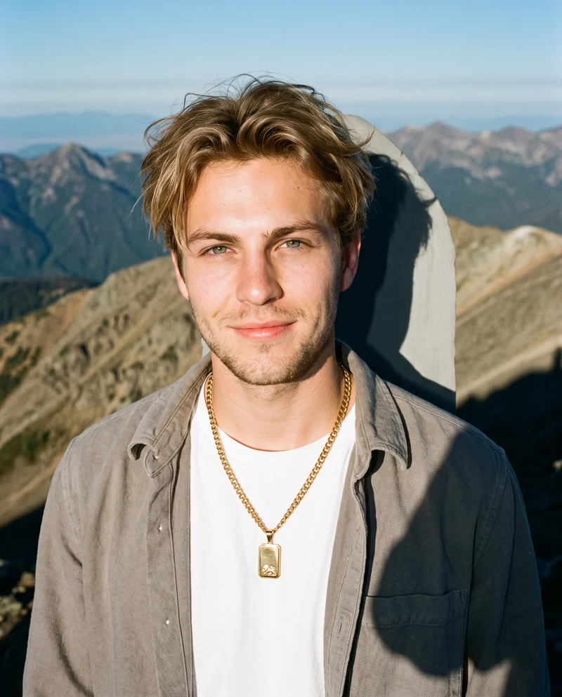 Men's Gold Pendant Necklace, Bust at Three-quarter, Flash Editorial lighting