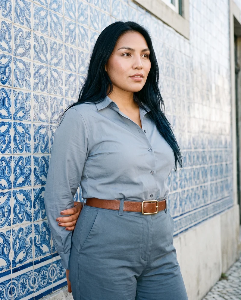 A 22-year-old Indigenous American woman wears a gold-buckle statement belt in a three-quarter-length view from a front three-quarter angle. Her elbow is positioned behind her back, and she has a soft facial expression. A Portuguese tile street serves as the backdrop.