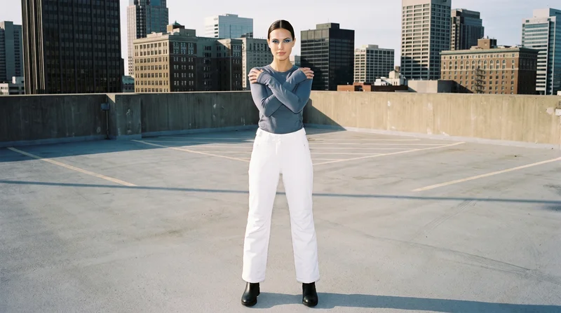 An 18-year-old Caucasian woman wears white shell ski trousers in a front-view environmental photograph. She stands in a self-hug pose with a natural facial expression against a parking garage rooftop backdrop.