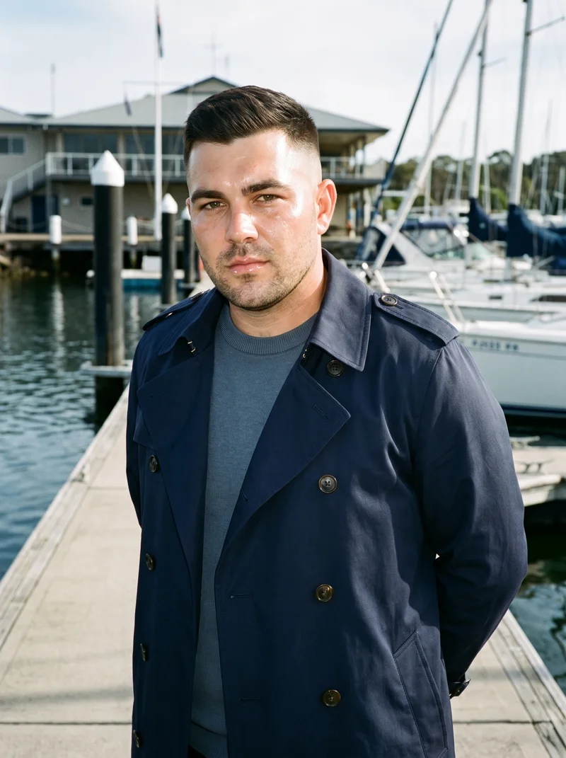 A 30-year-old Caucasian man wears a navy trench coat in an upper-body view, shown from a front three-quarter angle with his hands behind his back and a natural expression. A Yacht Club backdrop is visible.