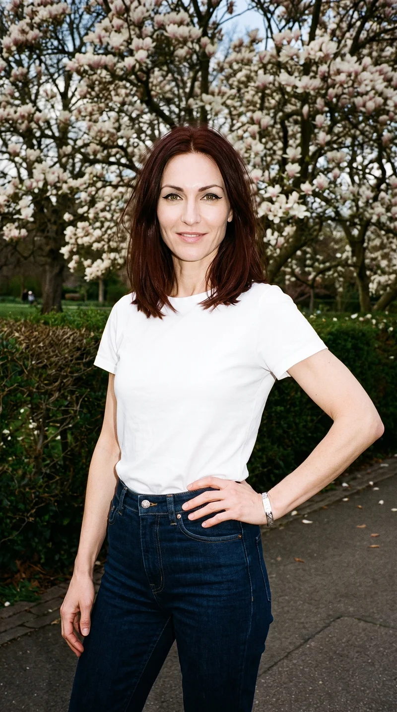 A 36-year-old Caucasian woman is shown from the upper body at an angled front view, wearing a women's engraved cuff with one hand resting on her hip. Her natural expression is visible against a magnolia tree park backdrop.