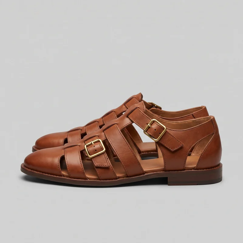 A pair of tan closed-toe fisherman sandals is shown in a side-oriented standalone view, with one shoe overlapping the other. The rounded toes, open cage-style straps, side cutouts, adjustable buckle straps, closed heel counters, and flat low soles with slightly raised heels are visible.