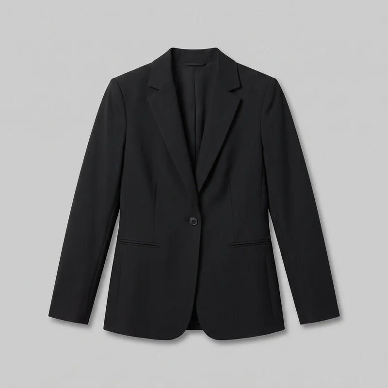 A mostly complete front view of a women's black tailored blazer laid flat. It has lightly structured shoulders, long straight sleeves, notched lapels, an open V-shaped neckline, one visible button, a slightly shaped waist, vertical front panel seams, two lower horizontal welt pockets, and a hip-length curved hem with rounded front corners.