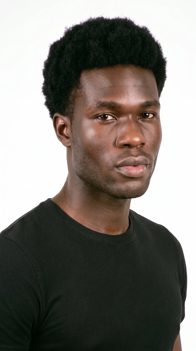 This 26-year-old African man has dark-brown skin with a cool undertone and a square, angular face defined by a broad forehead and strong jaw. He has thick eyebrows, brown eyes, and very full lips. His black hair is styled in a short natural afro with gradually tapered sides and neckline, and fine, closely trimmed stubble lightly covers the beard area.