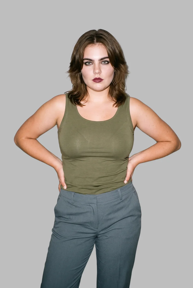An 18-year-old Caucasian woman wears an olive cotton tank top in a 3/4-length front view, standing with her hands on her waist and a neutral expression. A dove grey flat-color backdrop frames the studio-cutout composition.