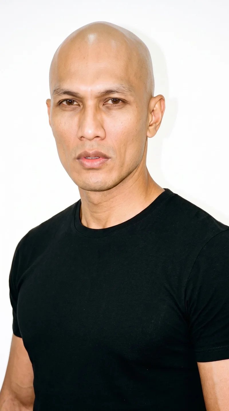 A 45-year-old Southeast Asian man with honey-toned skin and a warm golden undertone. His face is chiseled, with sharp angular features, a defined jaw, and pronounced cheekbones. He has thin eyebrows, brown eyes, and very full lips. His scalp is bald with no visible hair, and his face is clean-shaven with smooth skin.
