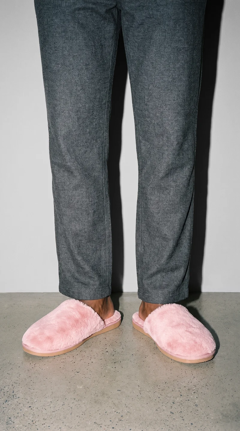 A male model wears pink fluffy slippers, shown from a front three-quarter angle with his feet together. The lower-body view is set against a dove grey studio-wall backdrop.