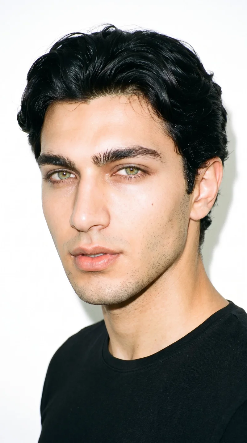 A 19-year-old Turkish man with medium olive skin and a neutral, greenish-golden undertone. His face has smooth, even, softer features in a refined balance, with medium-thickness eyebrows, green eyes, and medium lips. His deep black hair falls in soft waves with gentle movement, and he is clean-shaven with a smooth face.