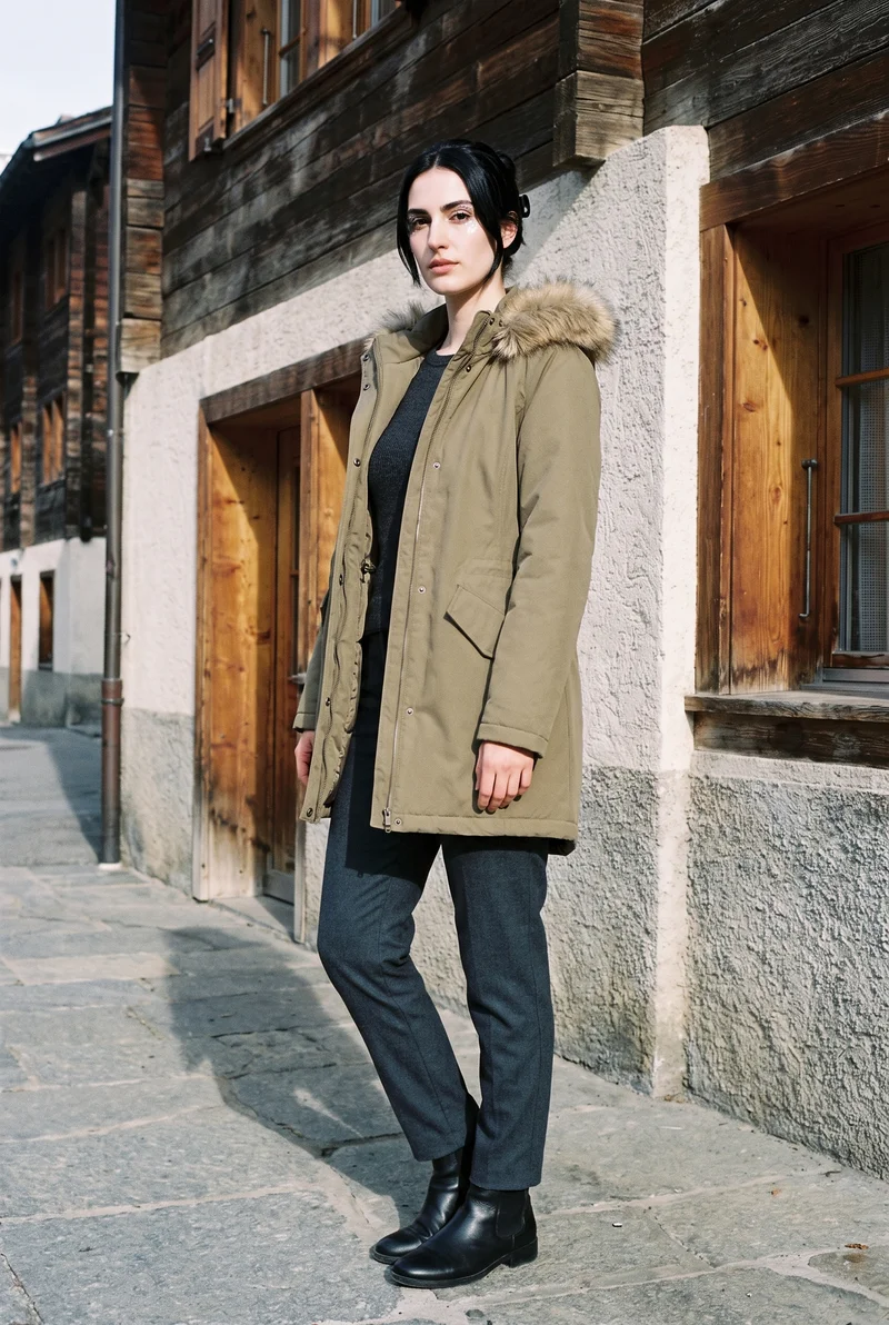 Women's Khaki Fur-Hood Parka, Full body at Three-quarter, Natural E-Commerce lighting