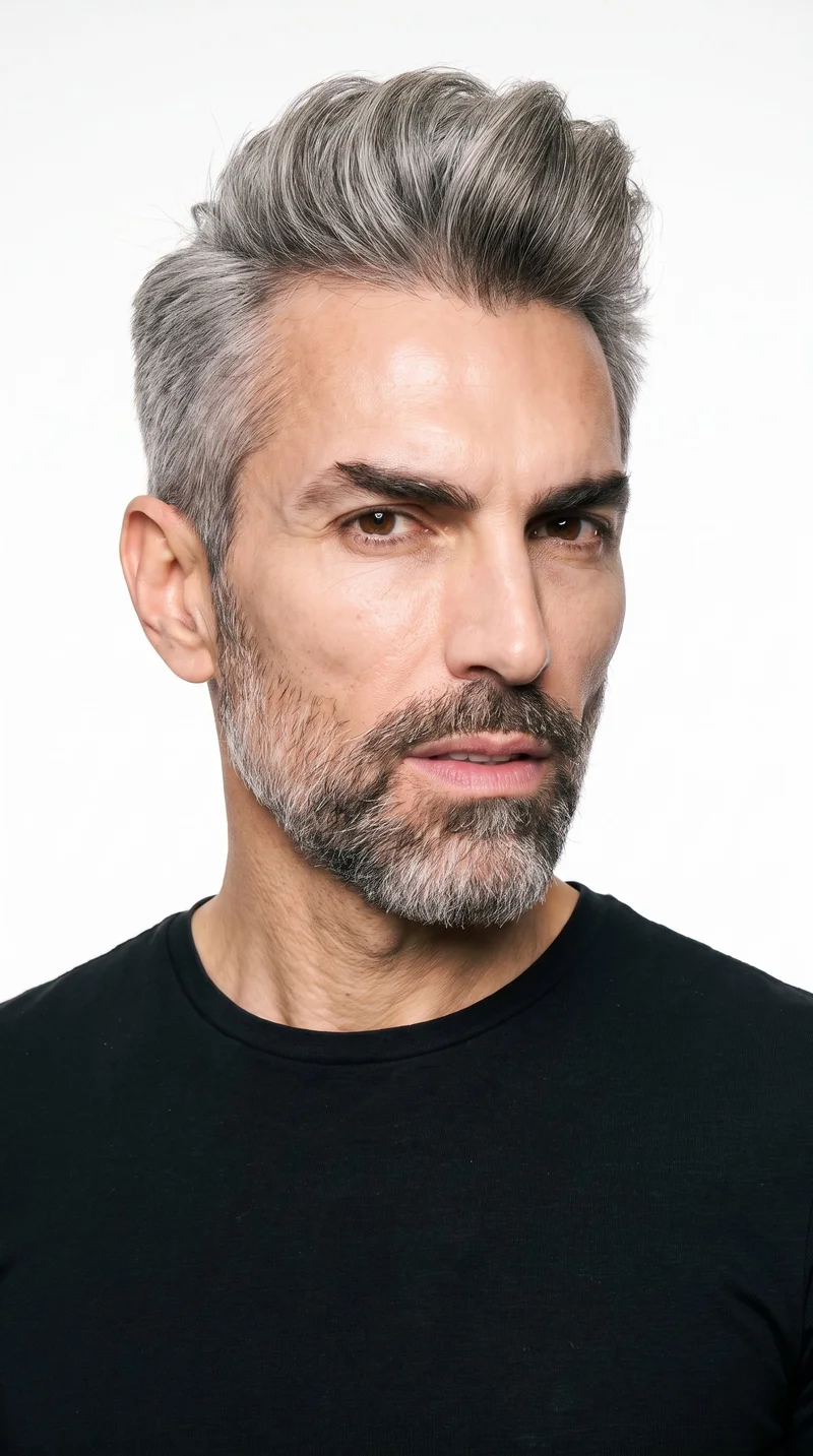 A 47-year-old Hispanic man with medium-brown caramel skin and an olive-green undertone. His face has sharp, angular features, pronounced cheekbones, and a defined jaw. He has medium-thickness eyebrows, brown eyes, and full lips. His gray hair is styled up and back at the front with shorter sides, and he wears a short, full beard trimmed evenly with clean cheek and neckline edges.