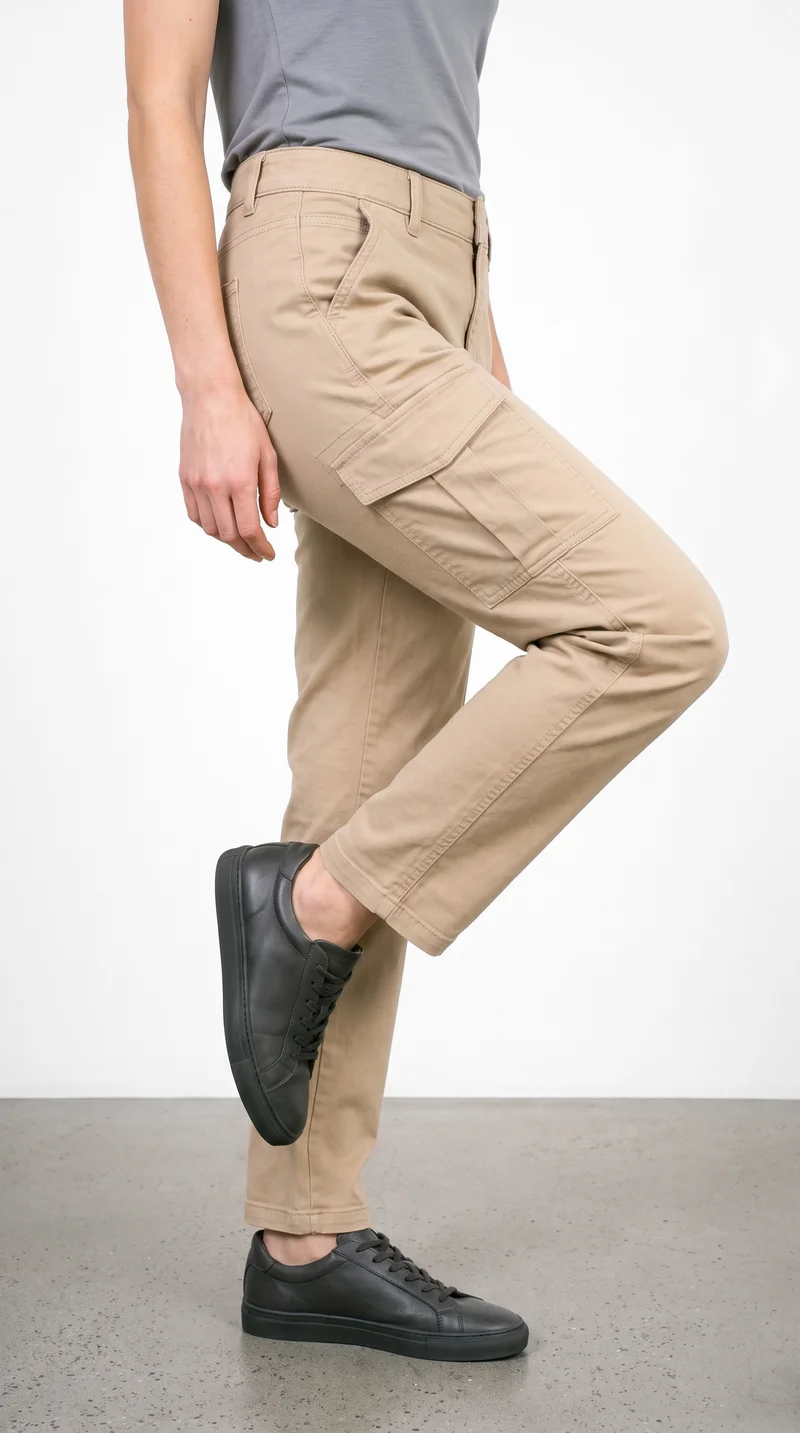 Women's beige cargo pants shown on a female model in a lower-body frame from a front three-quarter angle, with one knee positioned forward. A pure white studio-wall backdrop keeps the focus on the pants.