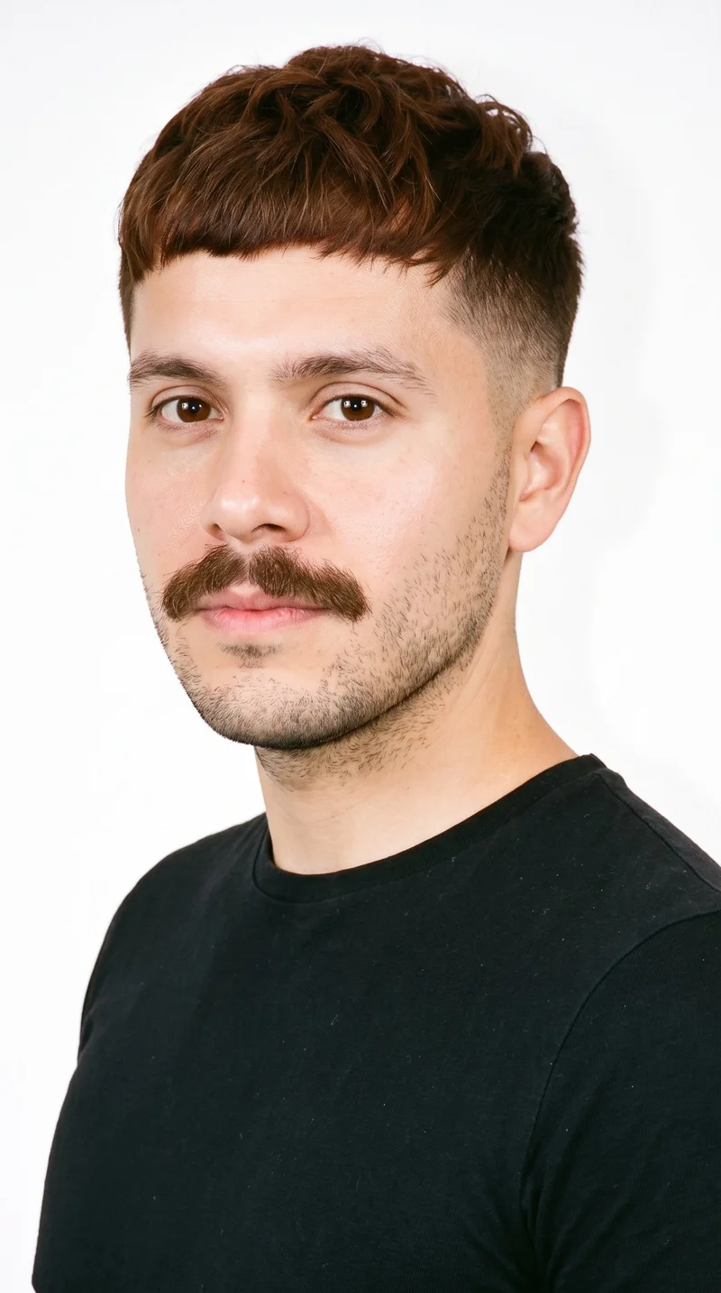 A 29-year-old Hispanic man with medium skin and a neutral undertone has a round face with soft, full contours and few angles. His medium-thickness eyebrows frame brown eyes, and he has thin lips. His chestnut-brown hair has a reddish undertone and is styled in a French crop with short sides and a short, blunt fringe. He wears a prominent full moustache with a shorter beard across the cheeks and jaw.