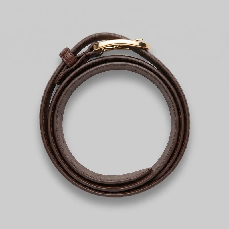 A separate slim waist belt is coiled into a circular shape, with the buckle end and keeper loop visible at the top. The strap has raised rounded edges, visible edge stitching, adjustment holes along the inner side, and a plain squared end section; no logos, prints, patches, embroidery, or embellishments are visible.