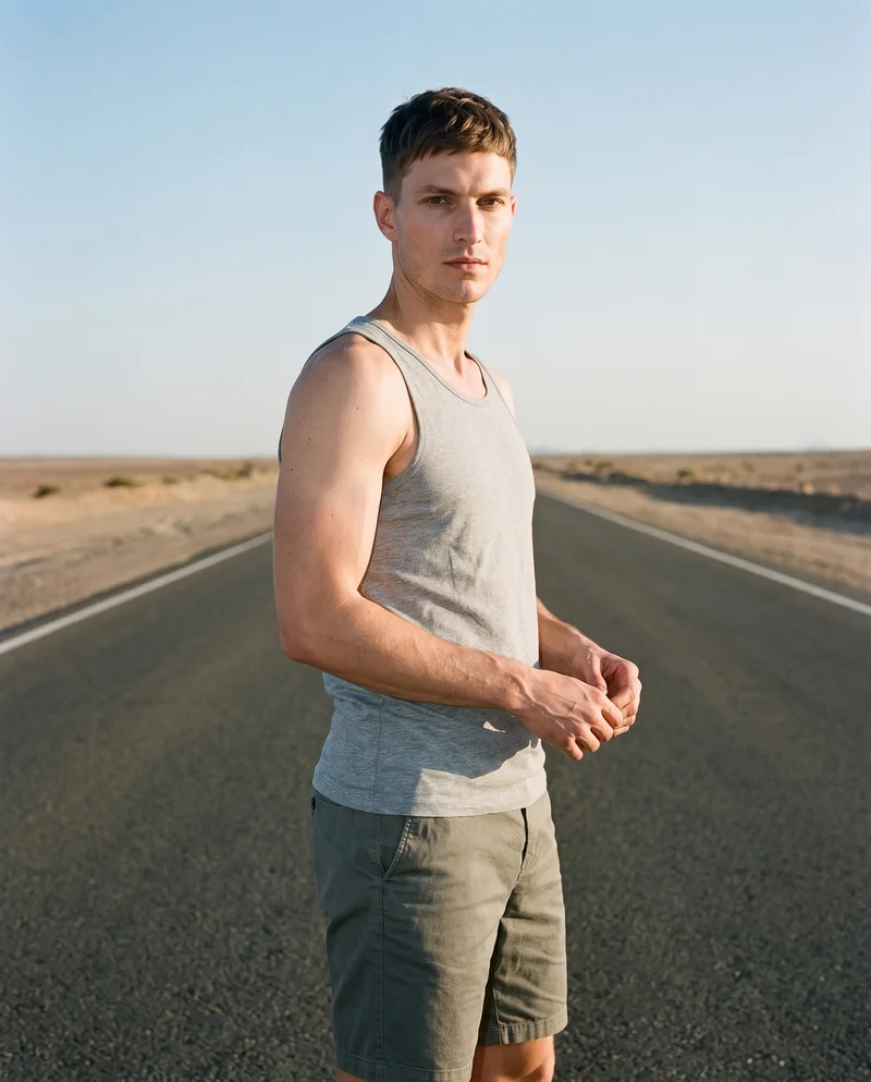 A 40-year-old Caucasian man wears a grey tank top in a three-quarter-length frame. He is shown from a front three-quarter angle with his hands in front and a confident facial expression. An endless desert highway serves as the backdrop.