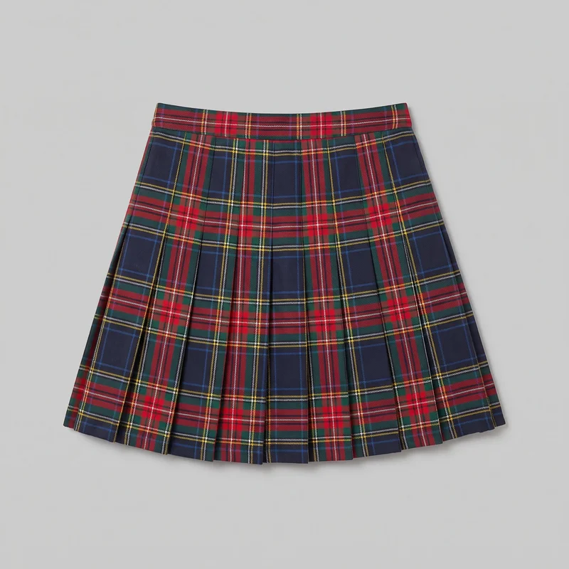 A tartan plaid pleated mini skirt is laid flat, shown from its wide straight waistband through the straight finished hem. The flared A-line silhouette, regular fit, upper yoke-like area, and all-around vertical pleats are clearly visible, with the engineered check pattern aligned across the waistband and skirt panels.