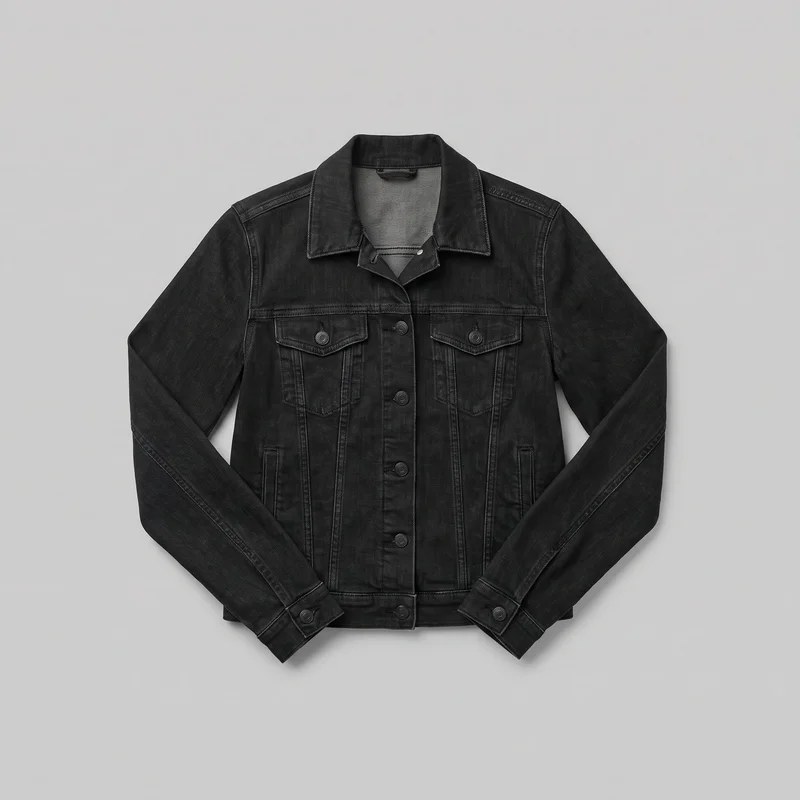 A black denim trucker-style jacket is laid flat in a mostly complete front view. It has a point collar, long sleeves with buttoned cuffs, a full metal-button placket, two chest patch pockets with pointed flaps, two lower welt pockets, shoulder yokes, stitched panel seams, and a straight hip-length hem with a buttoned band.