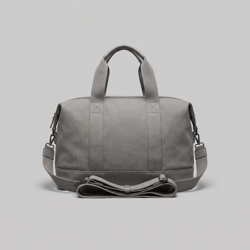 A grey structured duffel travel bag is shown in a standalone front view. The bag has a broad rectangular body with softly rounded top corners, squared side ends, a reinforced flat base band, upright webbing carry handles with a padded grip wrap, and a top zip opening with zipper pulls near the sides. A detachable adjustable shoulder strap is clipped to the side hardware and folded across the front, with visible handle webbing panels, box-X stitching, edge piping, and a fine woven exterior texture.